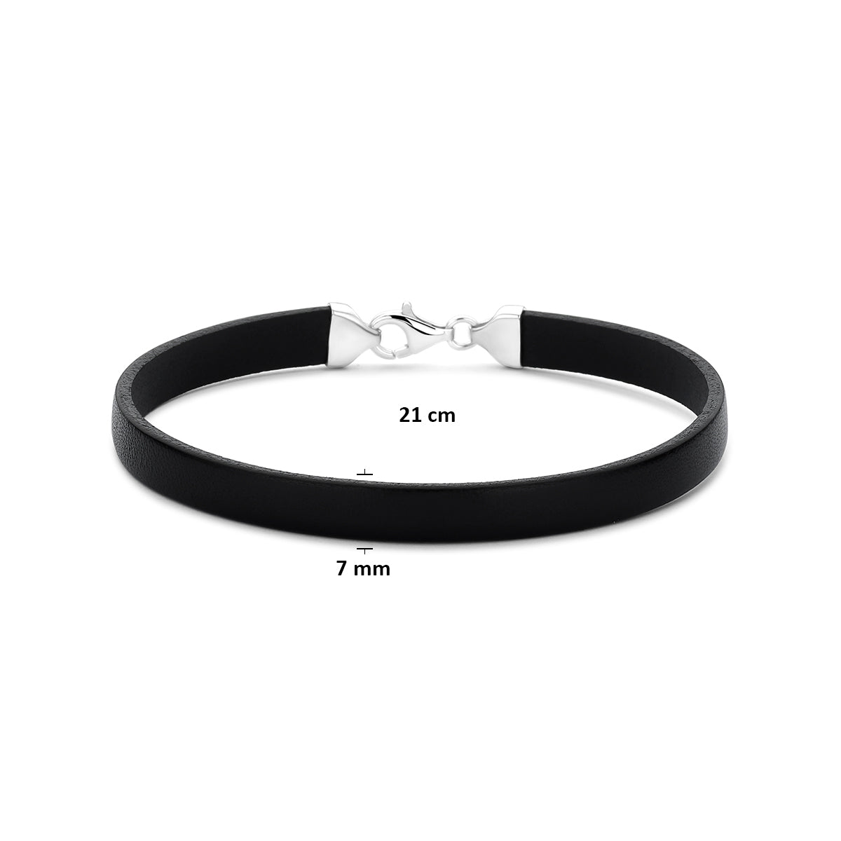 Armband zwart leer 7 mm zilver gerhodineerd 21 cm