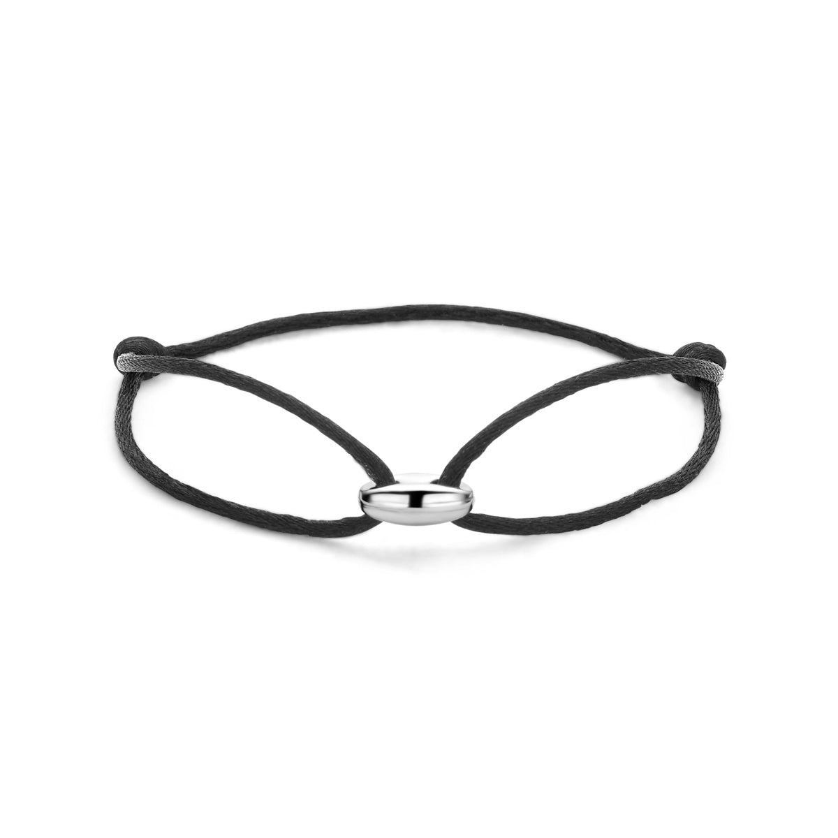 Armband koffieboon zwart satijn zilver gerhodineerd 13 - 26 cm