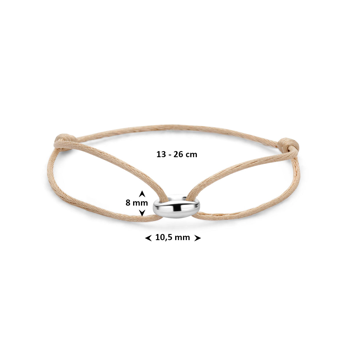 Armband koffieboon beige satijn zilver gerhodineerd 13 - 26 cm