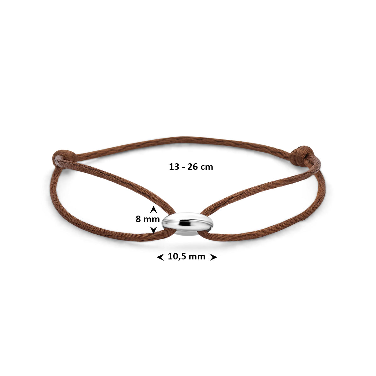Armband koffieboon satijn bruin zilver gerhodineerd 13 - 26 cm