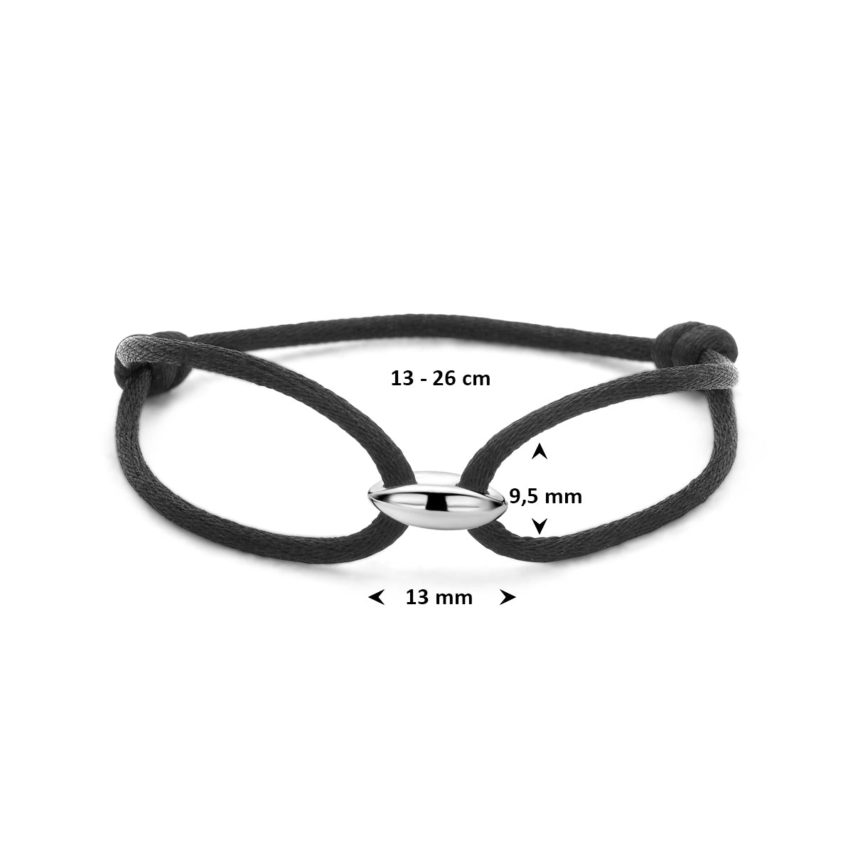 Armband koffieboon zwart satijn zilver gerhodineerd 13 - 26 cm 13 mm