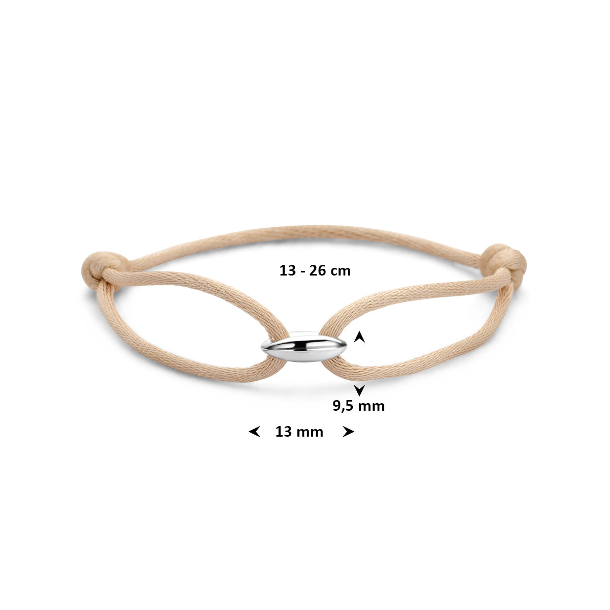 Armband koffieboon beige satijn zilver gerhodineerd 13 - 26 cm 13 mm