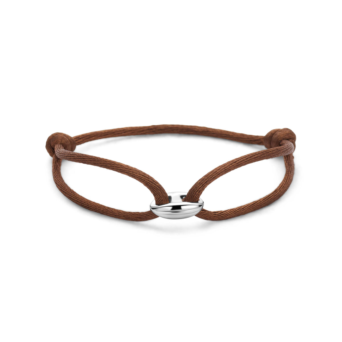 Armband koffieboon bruin satijn zilver gerhodineerd 13 - 26 cm