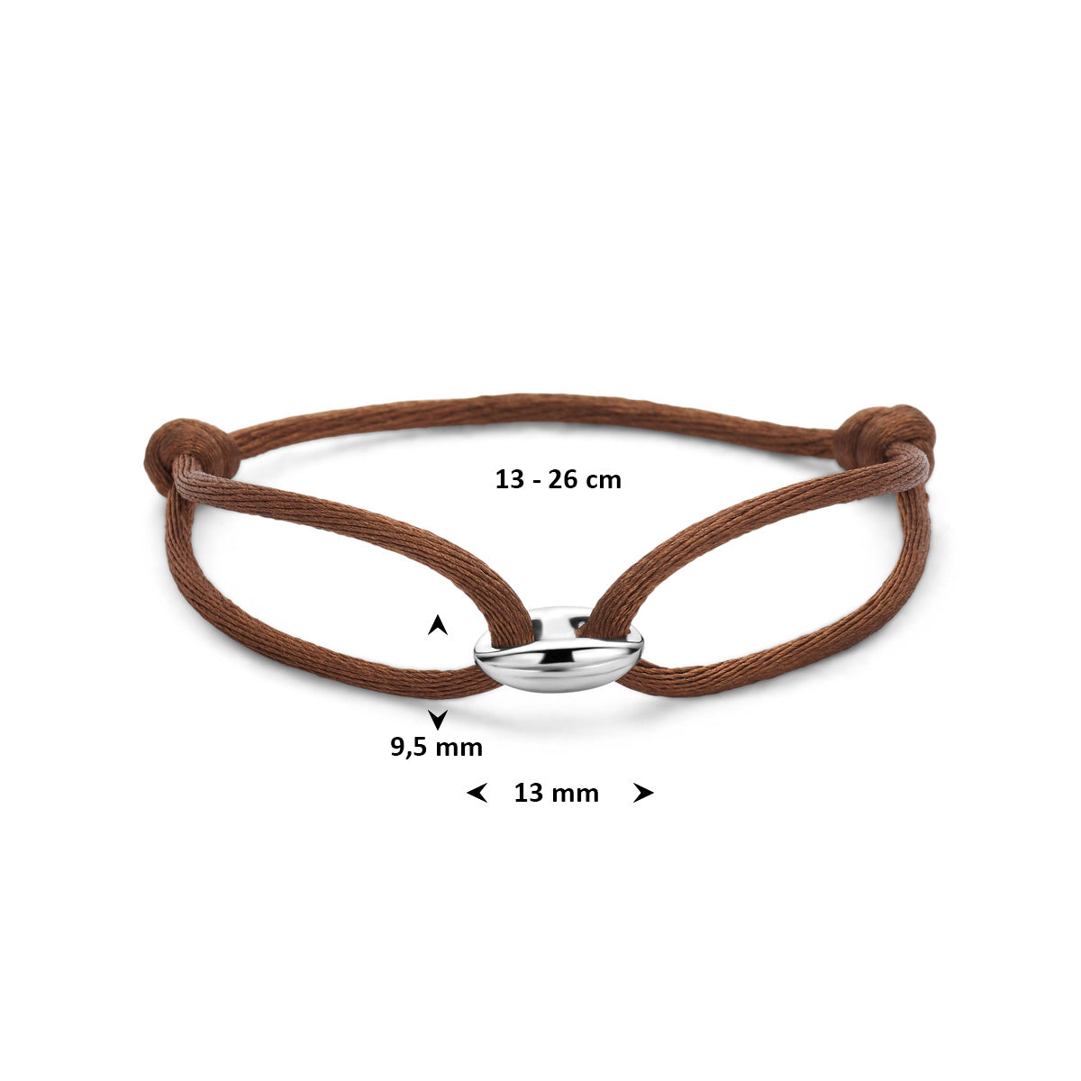 Armband koffieboon bruin satijn zilver gerhodineerd 13 - 26 cm