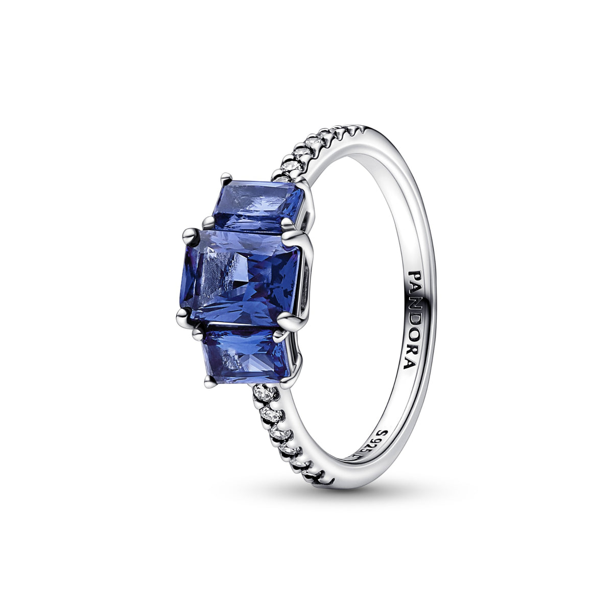Pandora Blue Rectangular Three Stone Sparkling Ring zilver