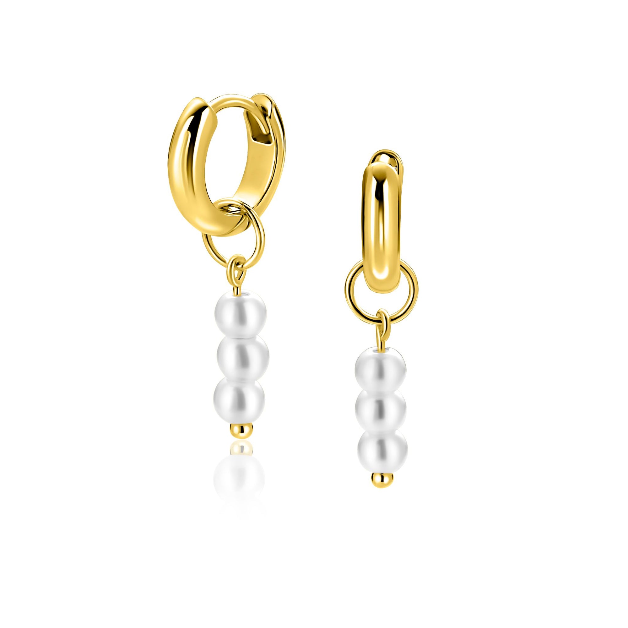 ZINZI gold plated zilveren oorbedels met 3 witte pareltjes 12mm ZICH2734Y (zonder oorringen) - PansiteNederland.nl