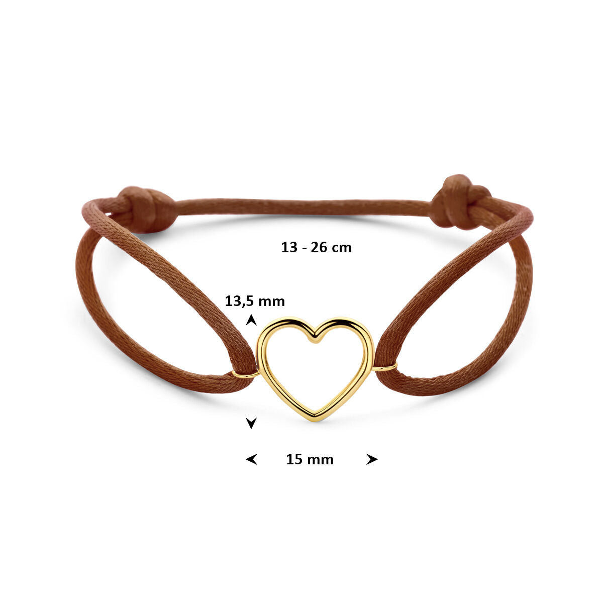 Armband bruin satijn hartje 13 - 26 cm 14K goud met rubber/nylon/leer