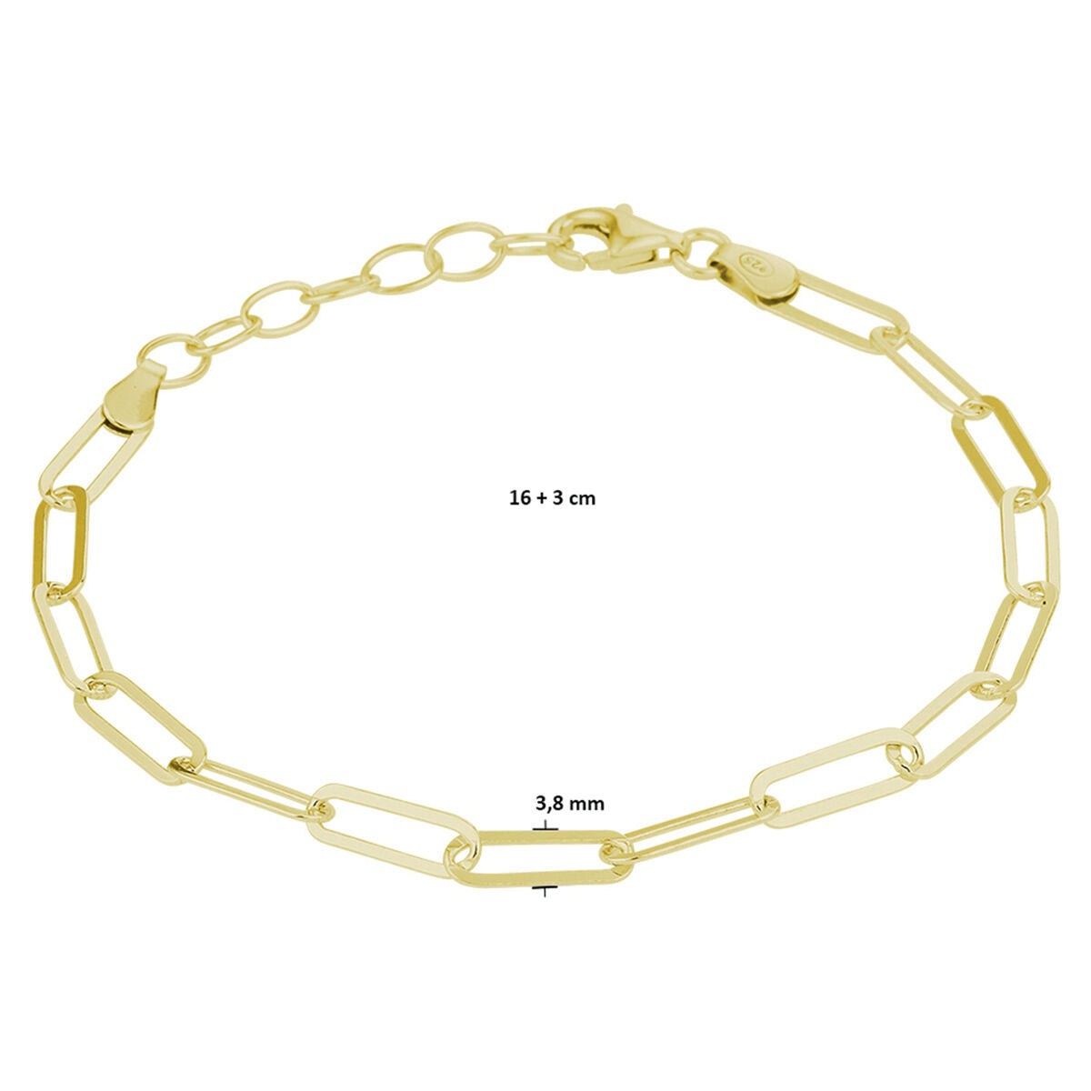 Zilver Verguld (Geel) Armband Paperclip 3,8 Mm 16 + 3 Cm 3 Micron 2102717 - PansiteNederland.nl