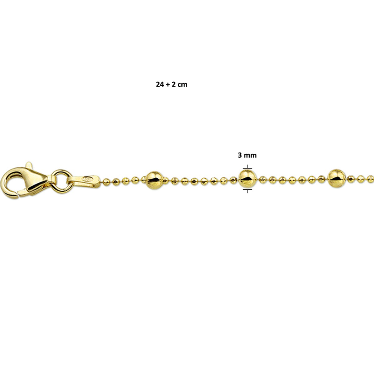 Enkelbandje bolletjes 24 + 2 cm 3 micron zilver verguld
