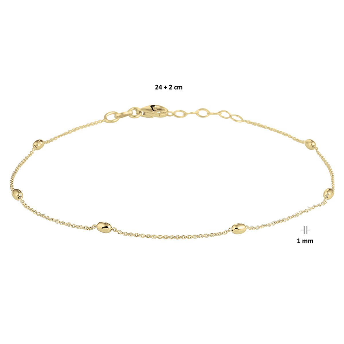 Enkelbandje bolletjes 1,0 mm 24 + 2 cm 3 micron zilver verguld