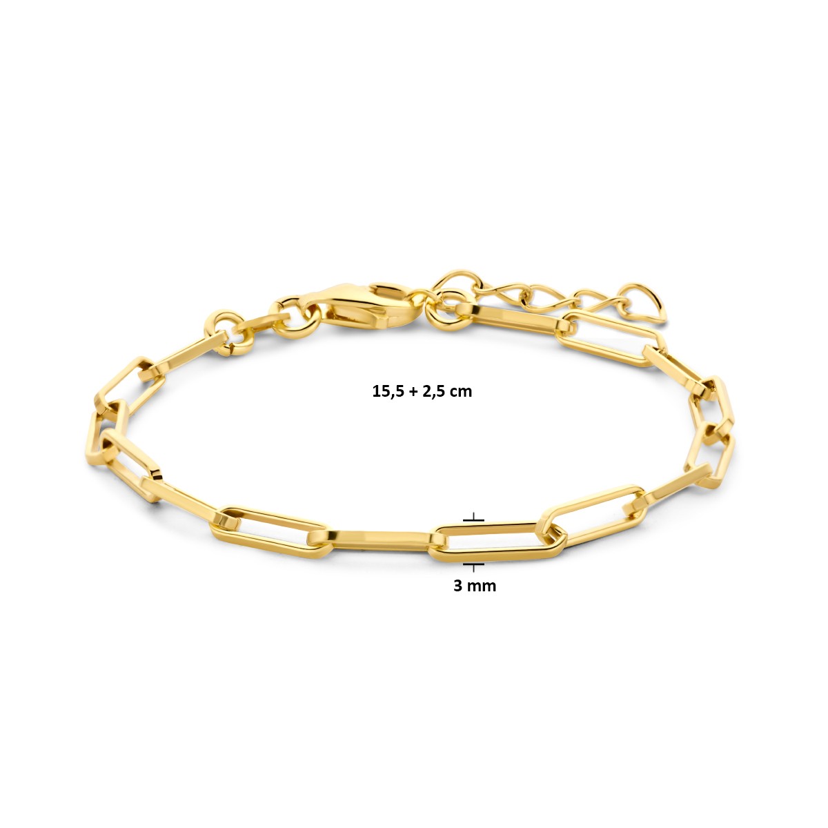 Armband paperclip vierkante buis 3,0 mm 15,5 + 2,5 cm 3 micron zilver verguld