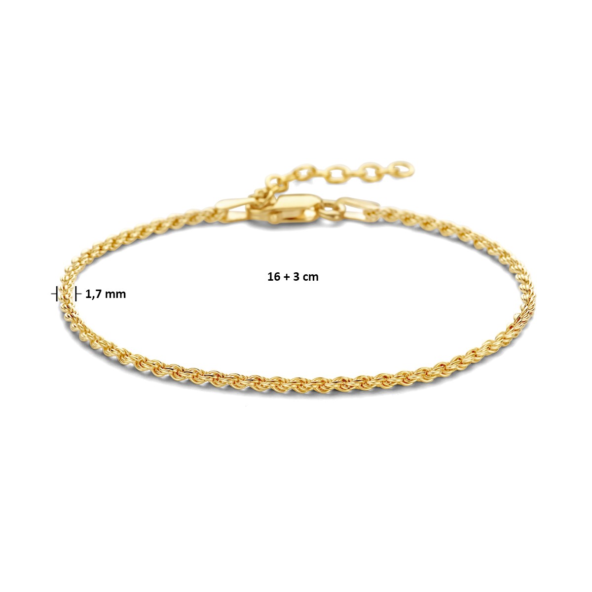 Armband koord 1,7 mm 3 micron zilver verguld