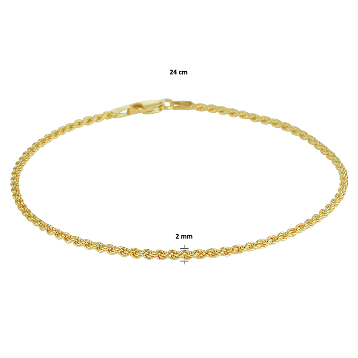 Enkelbandje koord 2 mm 24 cm 3 micron zilver verguld (geel)