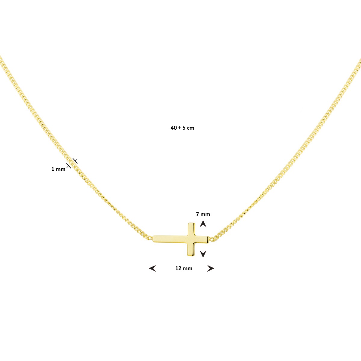 Collier kruis 40 + 5 cm 3 micron zilver verguld