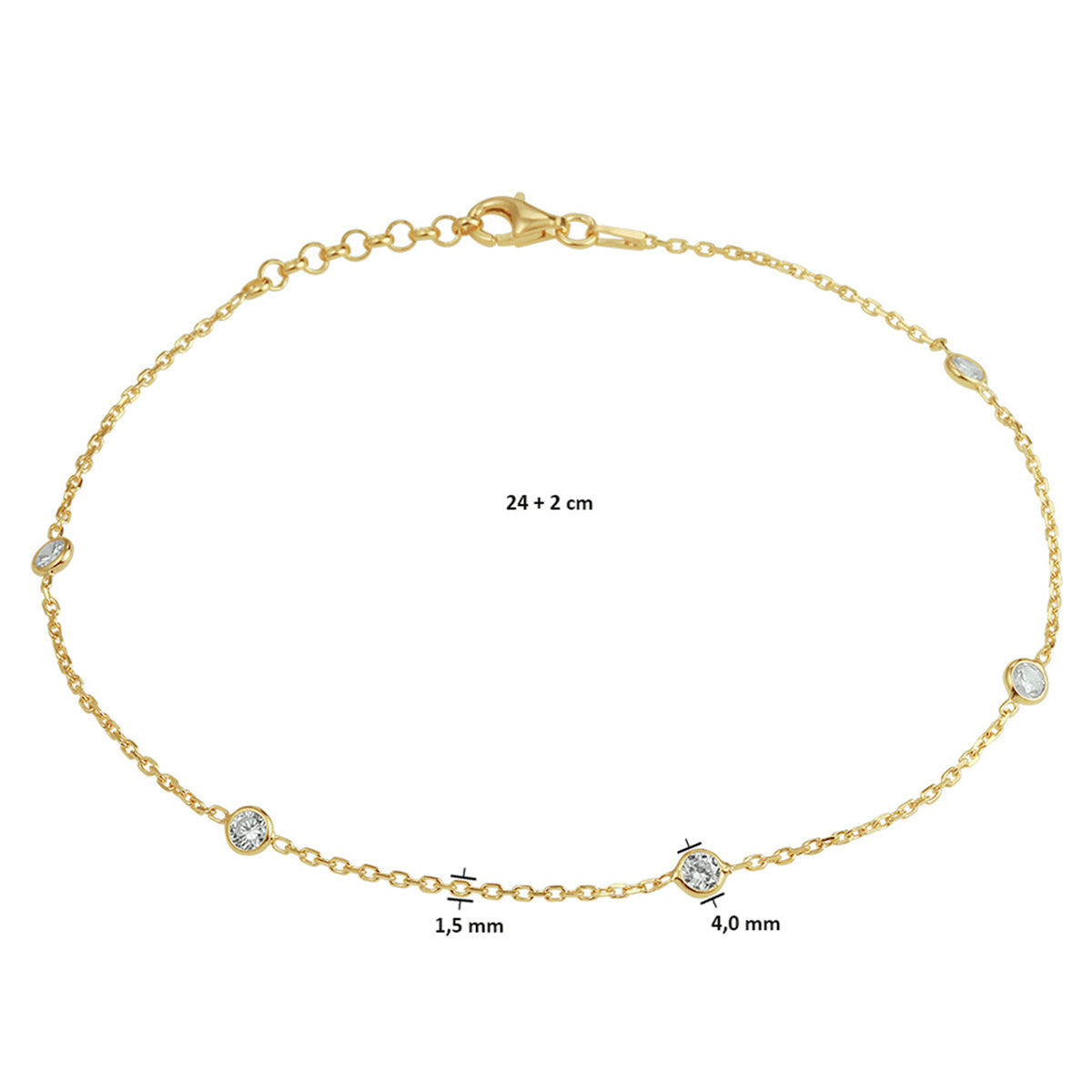 Enkelbandje zirkonia 24 + 2 cm 3 micron zilver verguld (geel)