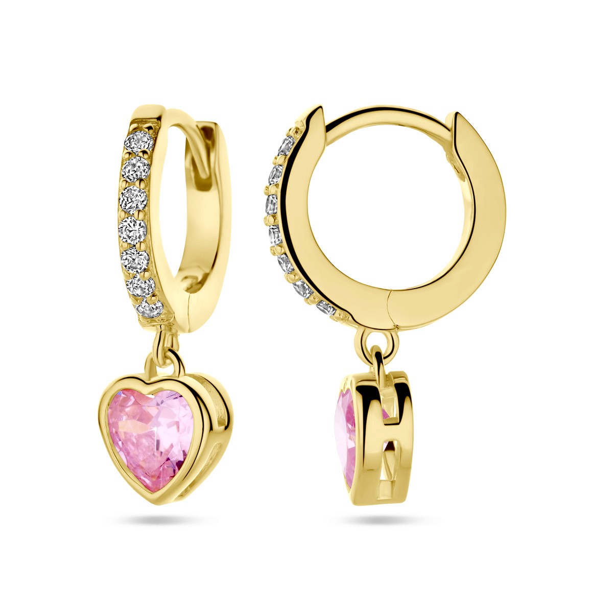 Oorbellen hart roze en wit zirkonia 20 mm 1 micron zilver verguld
