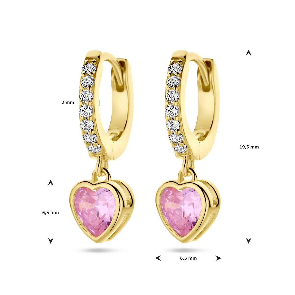 Oorbellen hart roze en wit zirkonia 20 mm 1 micron zilver verguld
