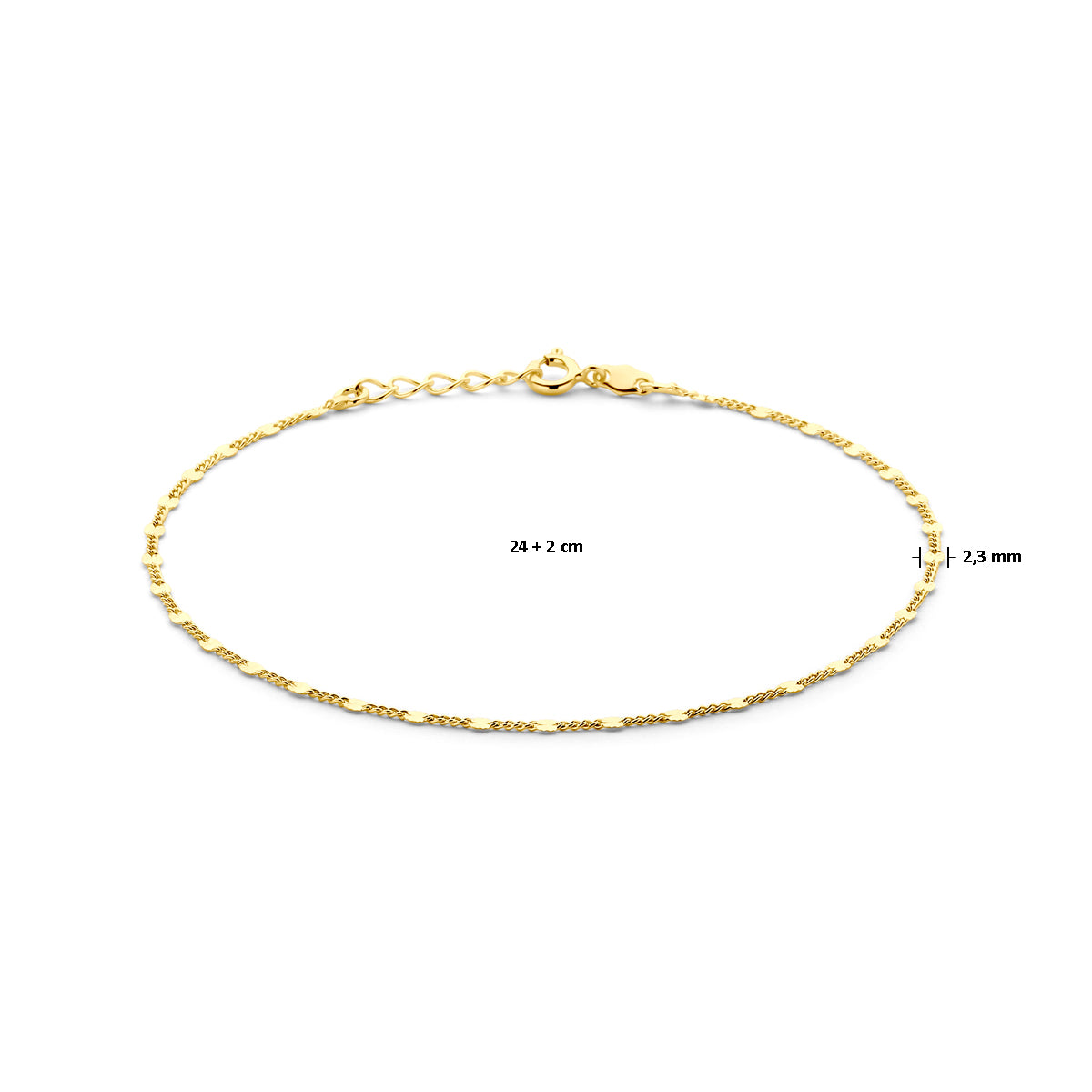 Enkelbandje 2,3 mm 24 + 2 cm 3 micron zilver verguld (geel)