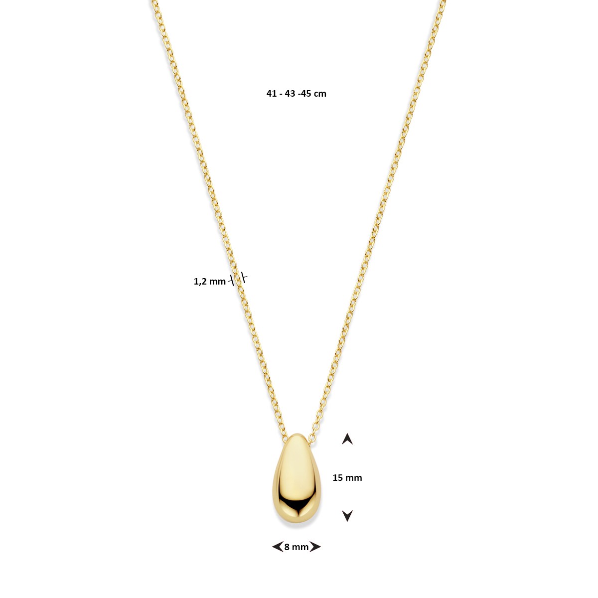 Collier druppel 41 - 43 - 45 cm 3 micron zilver verguld
