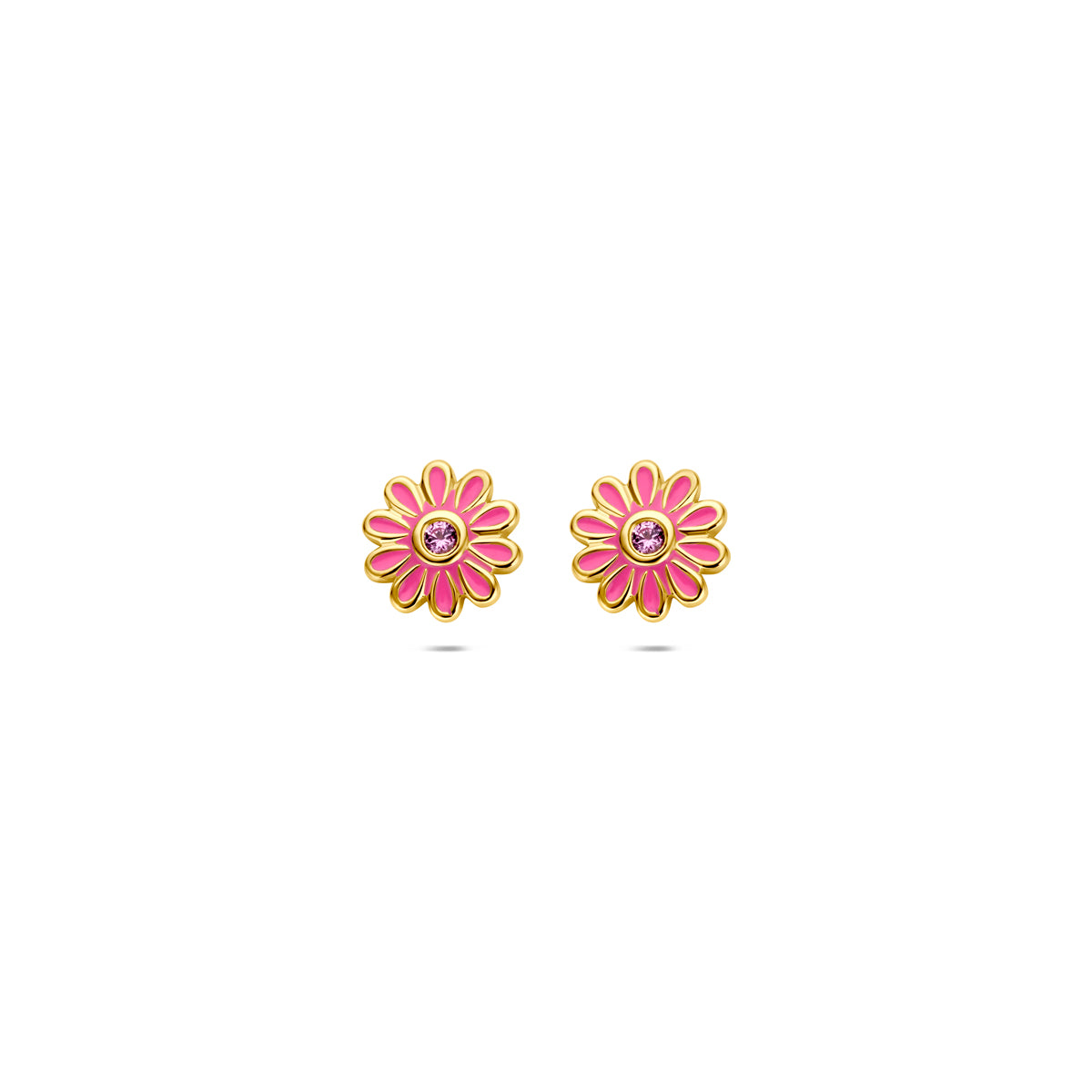 Fantasy Collection Oorknoppen emaille bloem roze zirkonia zilver verguld 7 mm 1 micron