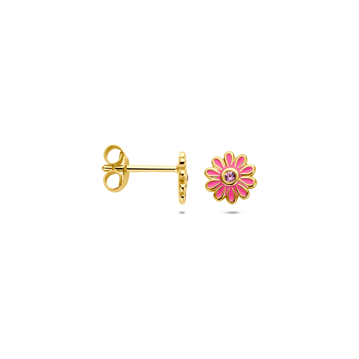 Fantasy Collection Oorknoppen emaille bloem roze zirkonia zilver verguld 7 mm 1 micron - afbeelding 3