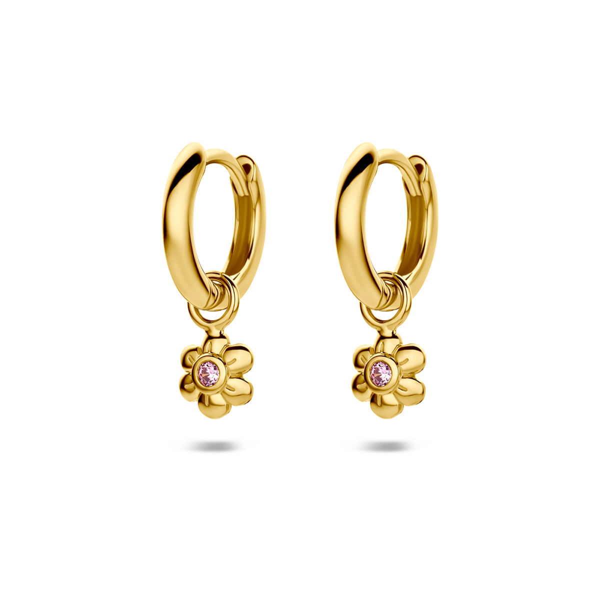 Klapoorringen bloem roze zirkonia 12 mm 1 micron zilver verguld