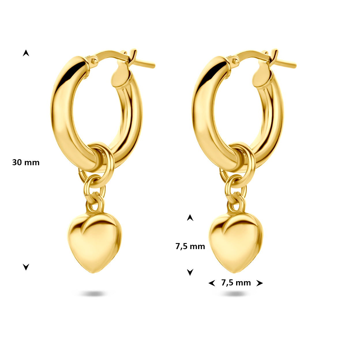 Oorringen hartjes 30 mm 1 micron zilver verguld