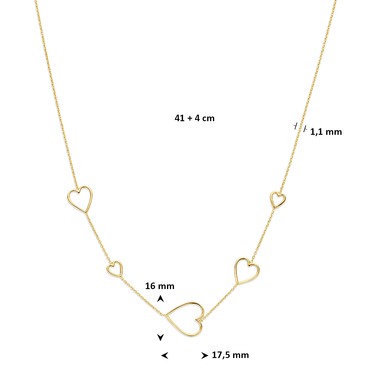 Collier hartjes 41 + 4 cm 3 micron zilver verguld 17.5 mm