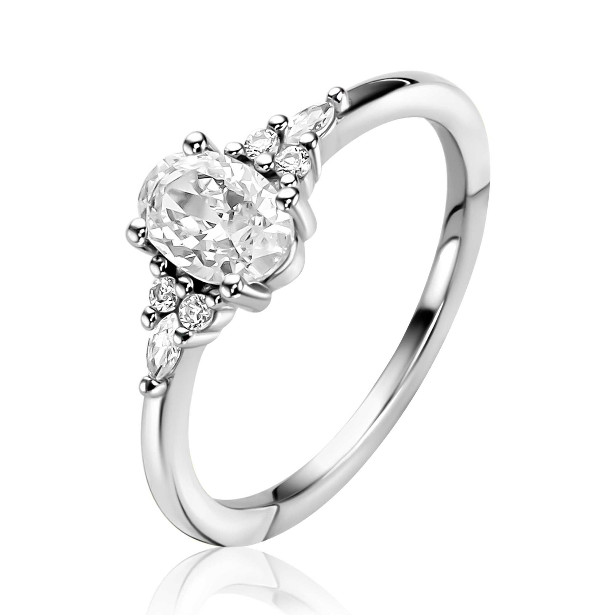ZINZI zilveren verlovingsring met grote ovale witte zirkonia (7mm) en kleinere zirkonia's, met klein hartje aan de zijkant ZIR2698 - PansiteNederland.nl