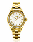 ZINZI Tresor horloge 32mm bezet met witte zirkonia's, parelmoer wijzerplaat en goudkleurige stalen kast en schakelband ZIW2434 + gratis armband t.w.v. 39,95 - PansiteNederland.nl