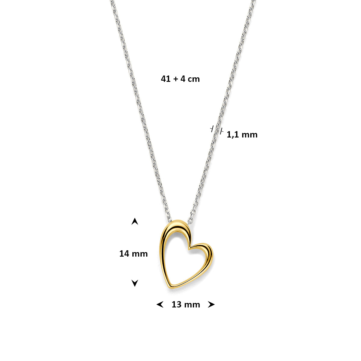 Collier hart 41 + 4 cm 3 micron zilver verguld