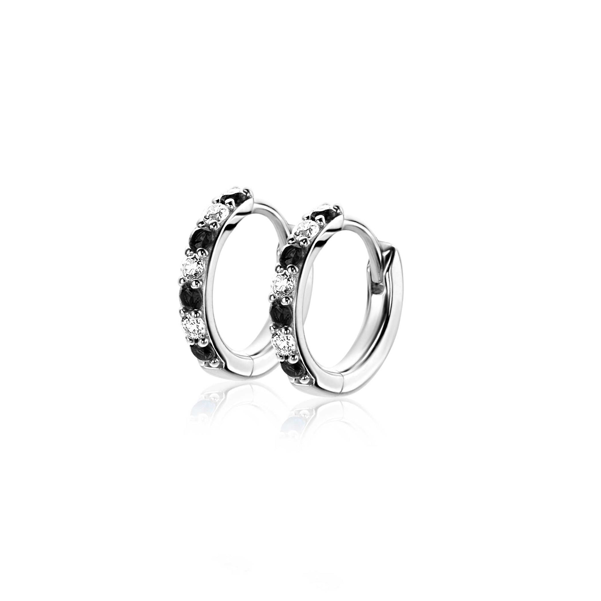 Zinzi 12mm zilveren oorringen bezet met witte en zwarte zirkonia's 2mm buisdikte met luxe klapsluiting ZIO2559Z - PansiteNederland.nl