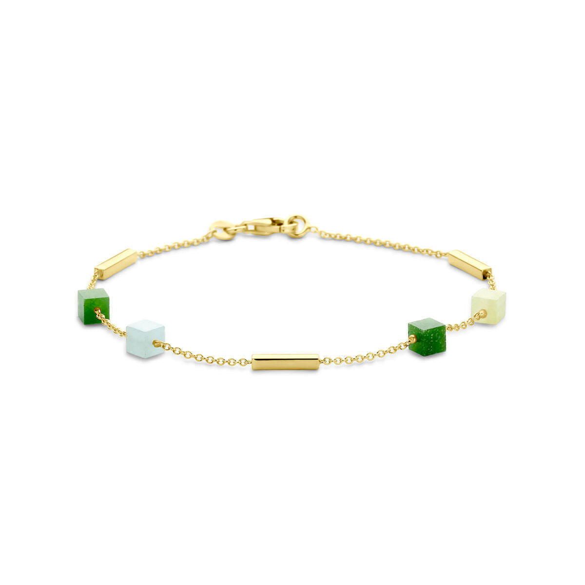 Fantasy Collection Armband blauw en groen kwartsiet 19 cm 14K geelgoud
