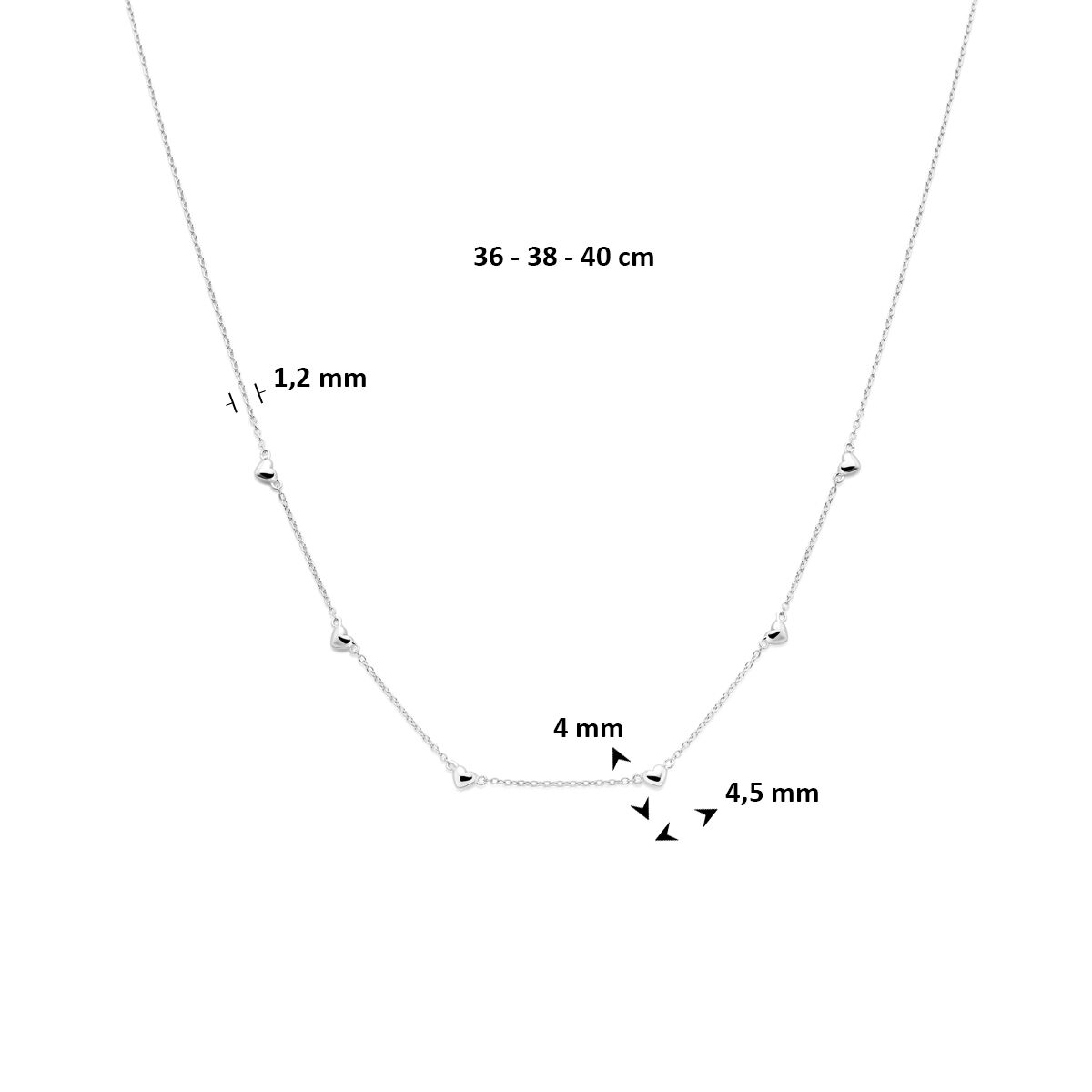 Collier hartjes 36 - 38 - 40 cm zilver gerhodineerd