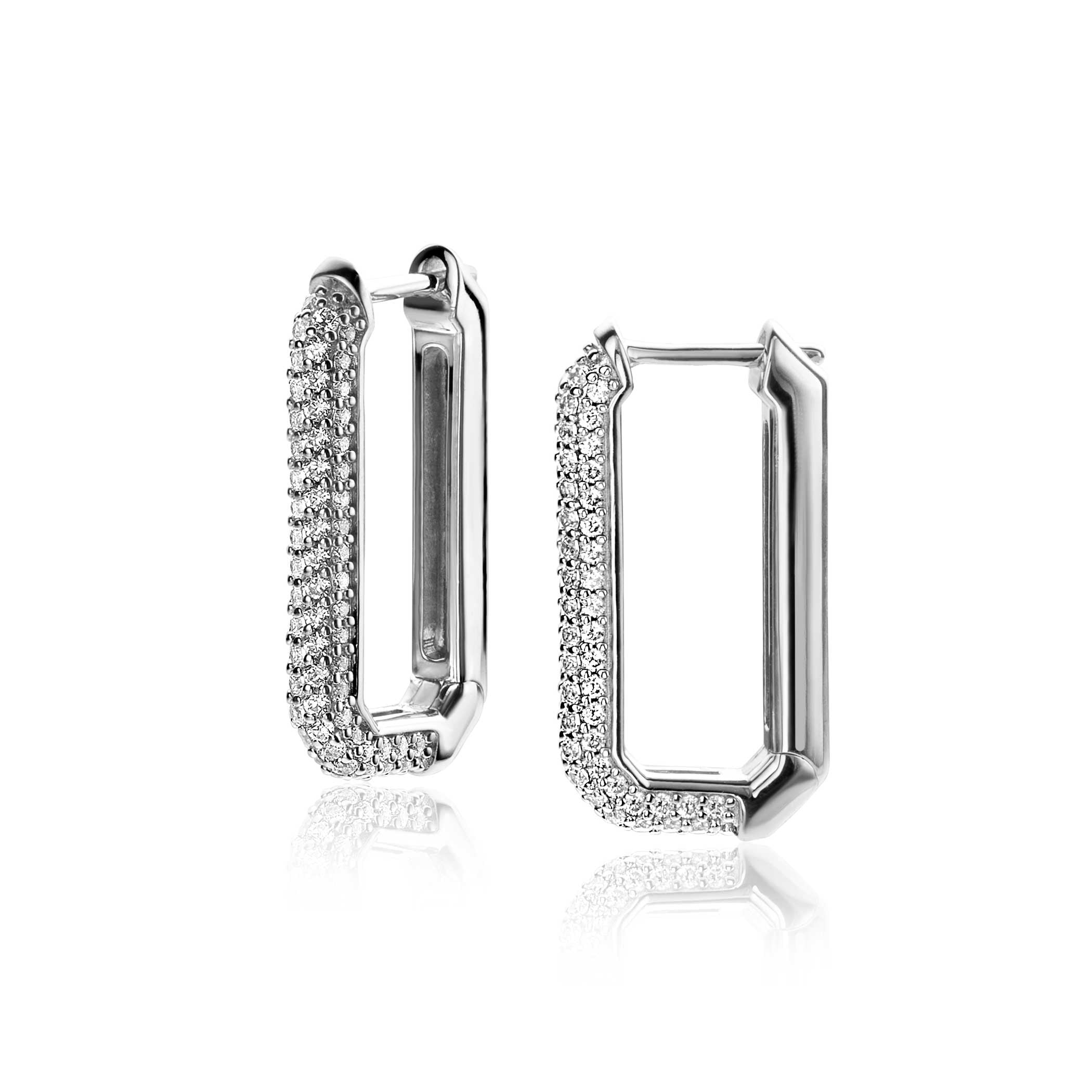 23mm ZINZI zilveren luxe oorbellen 23x3mm achthoekig bezet met witte zirconia's en klapsluiting - ZIO2494Z