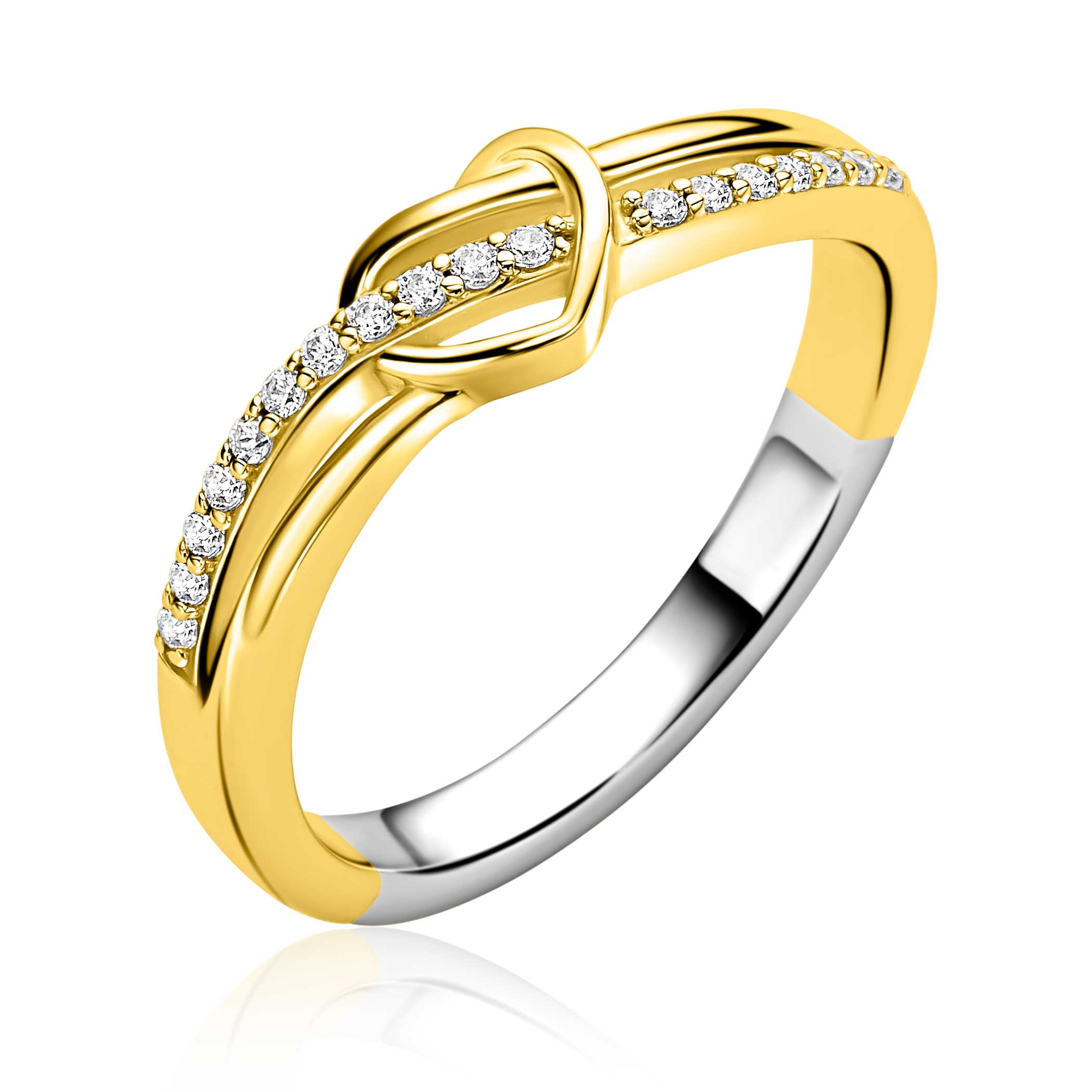 ZINZI Verguld Zilveren Cross-over Ring met Hart en Witte Zirkonia - ZIR2874Y