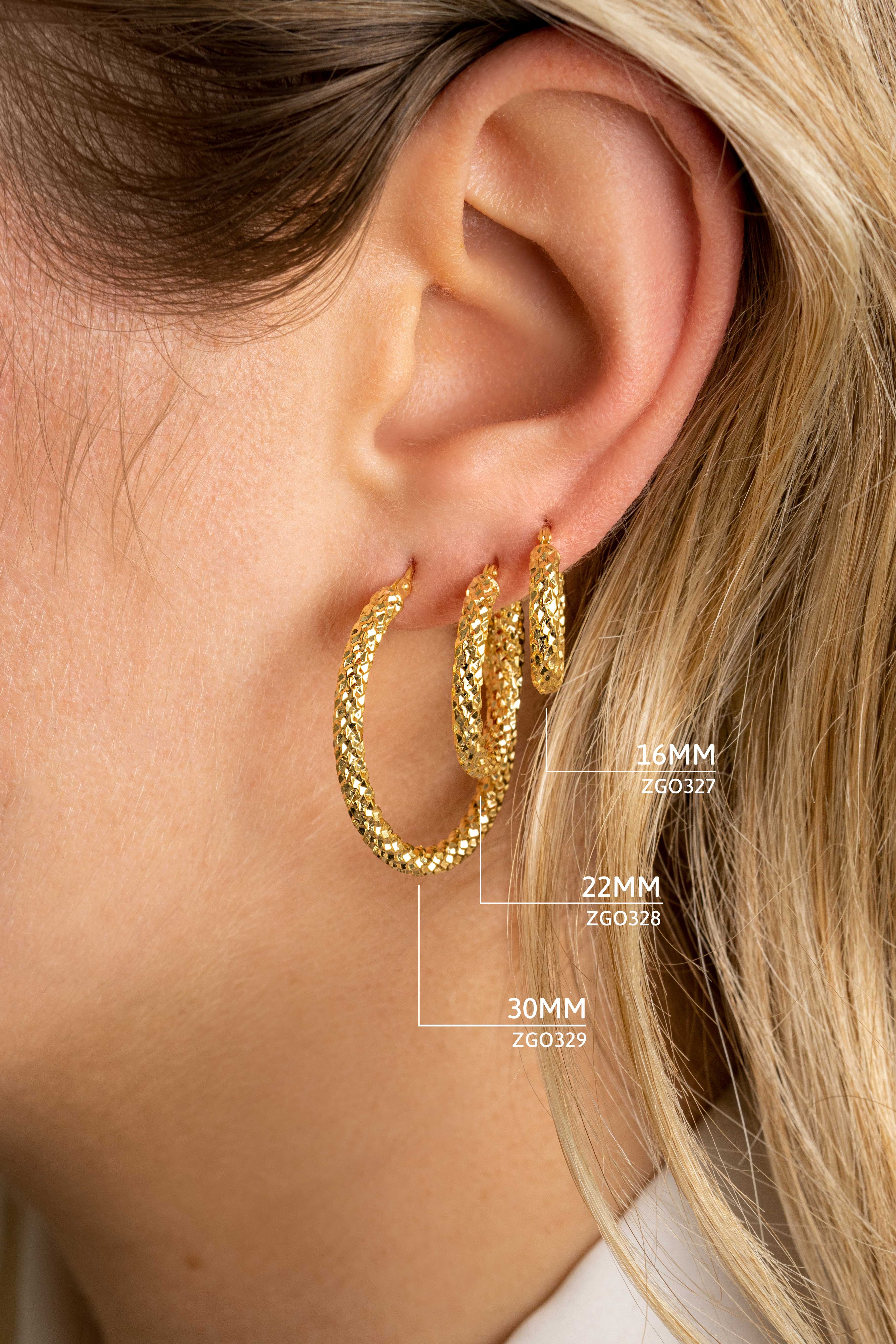 16mm ZINZI Gold 14 krt gouden oorbellen met schitterende bewerkte buis 3mm breed ZGO327