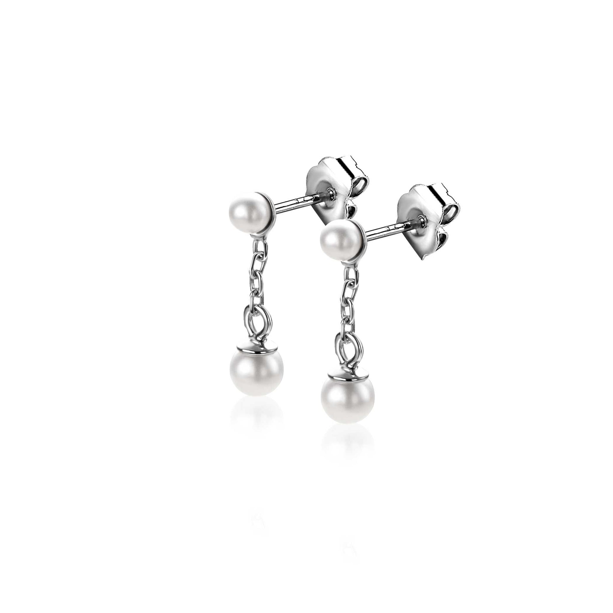 Zinzi 15mm zilveren parel oorstekers met schakelkettinkje en ronde witte glasparel van 4mm ZIO2623 - PansiteNederland.nl