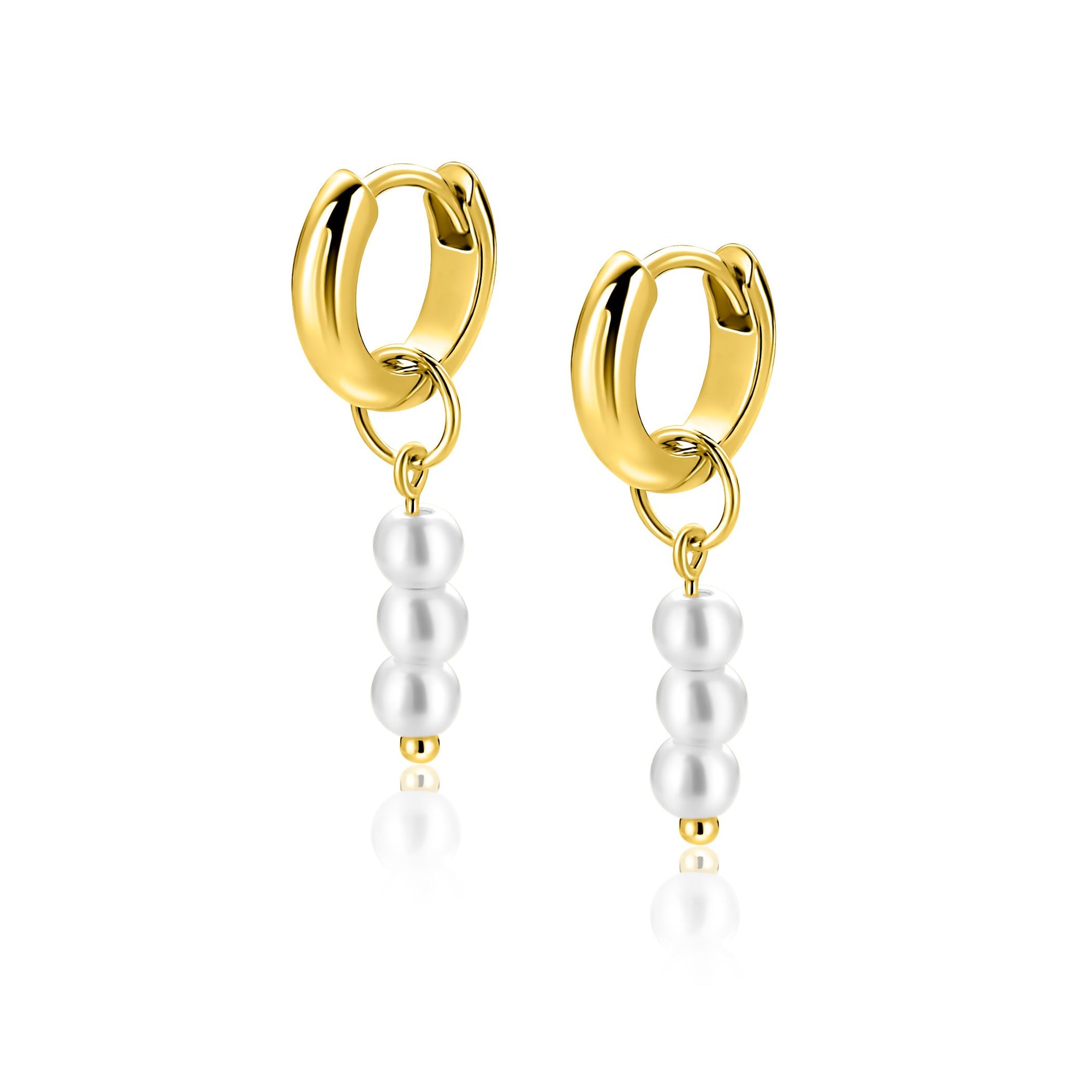 ZINZI gold plated zilveren oorbedels met 3 witte pareltjes 12mm ZICH2734Y (zonder oorringen) - PansiteNederland.nl