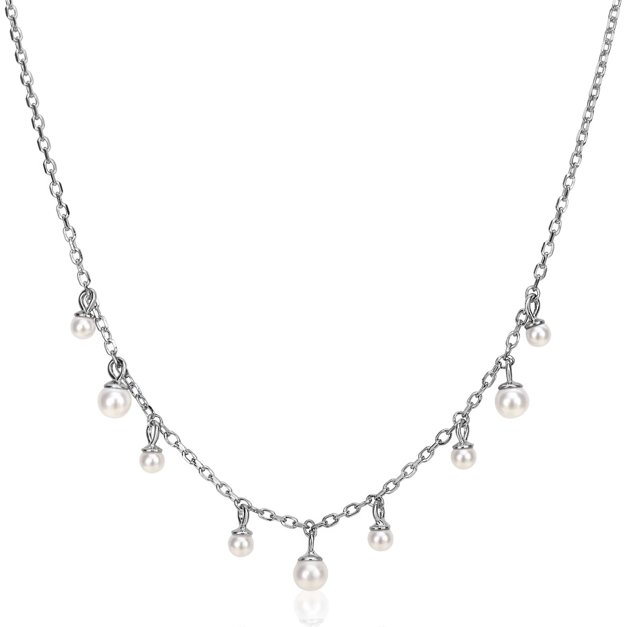 ZINZI zilveren schakelketting met negen ronde witte glasparels in verschillende groottes, speels verdeeld over de ketting 40-45cm ZIC2623