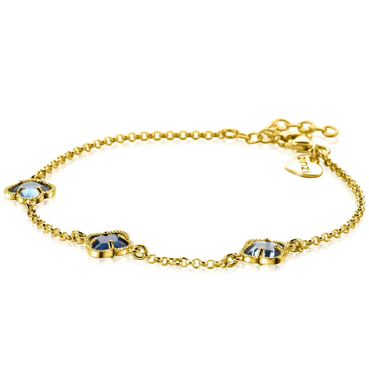 ZINZI gold plated zilveren schakel armband met twee lichtblauwe klavers en een donkerblauwe klaver in het midden 17-20cm ZIA2662B - PansiteNederland.nl