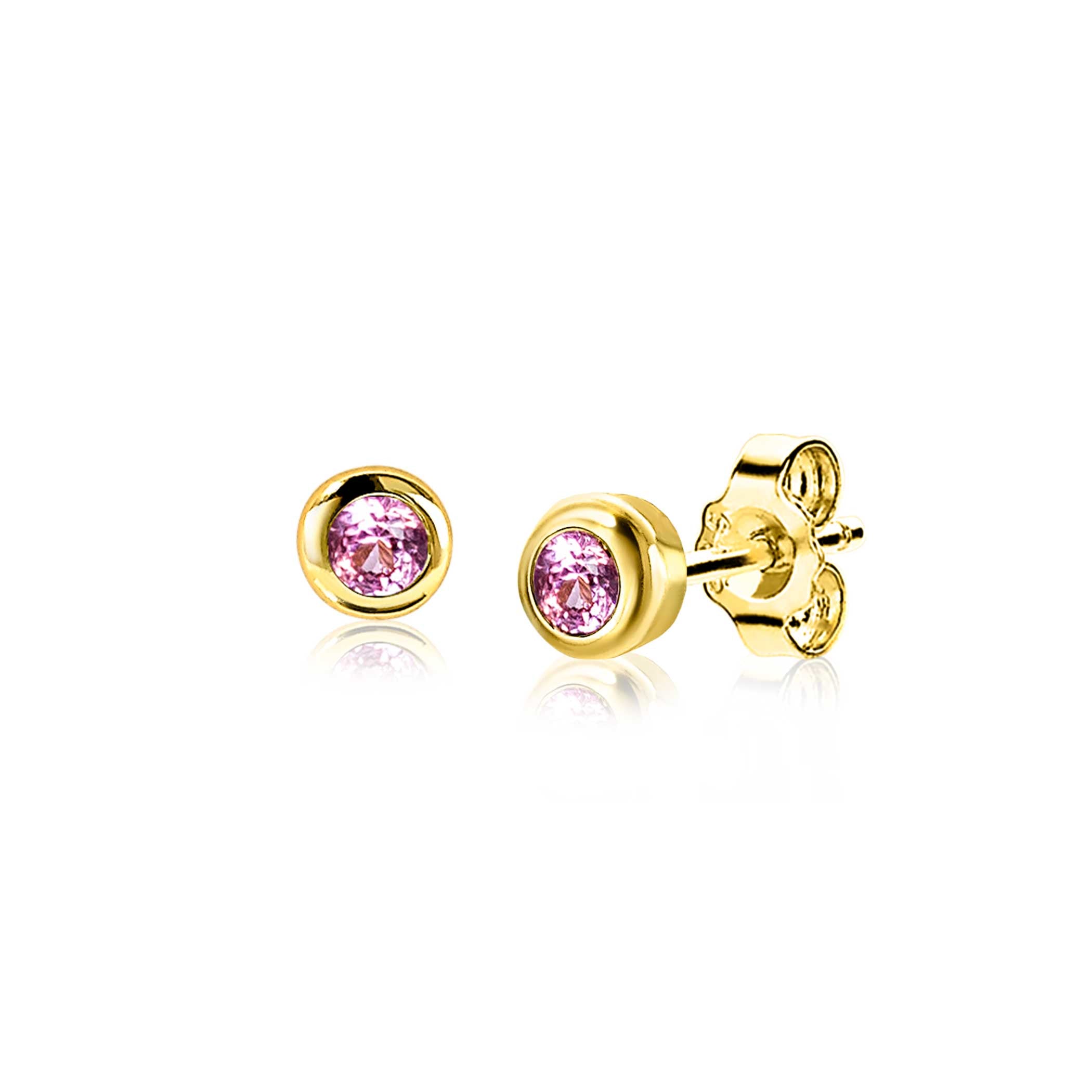 ZINZI OKTOBER oorknoppen 4mm gold plated met geboortesteen roze rozenkwarts zirconia oorbellen