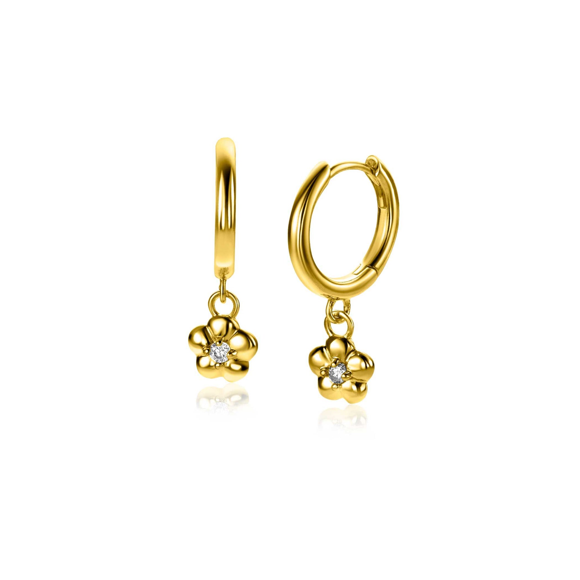 Zinzi 22mm gold plated zilveren oorringen 14mm met bungelende bloemetjes bezet met witte zirkonia ZIO2620 - PansiteNederland.nl