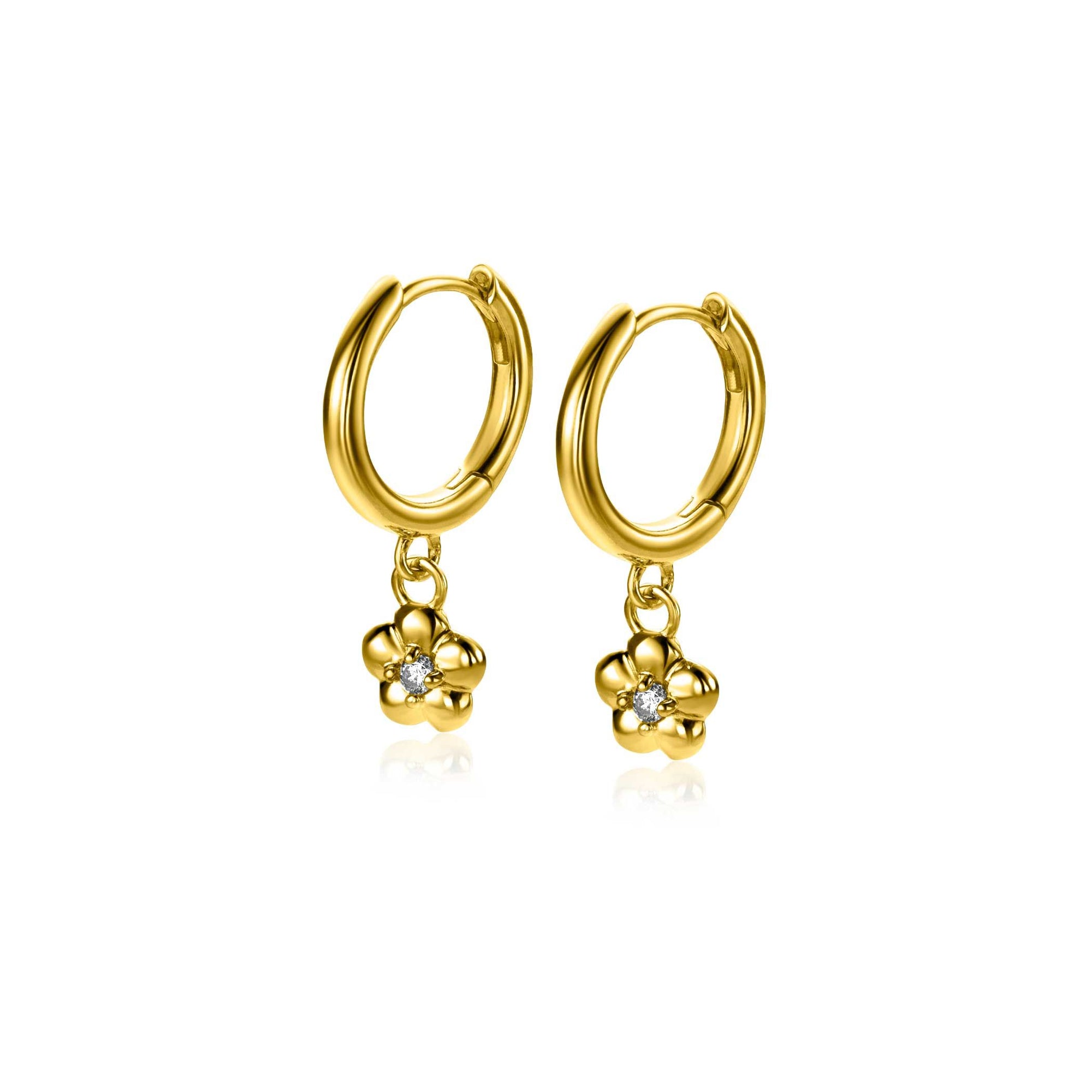 Zinzi 22mm gold plated zilveren oorringen 14mm met bungelende bloemetjes bezet met witte zirkonia ZIO2620 - PansiteNederland.nl