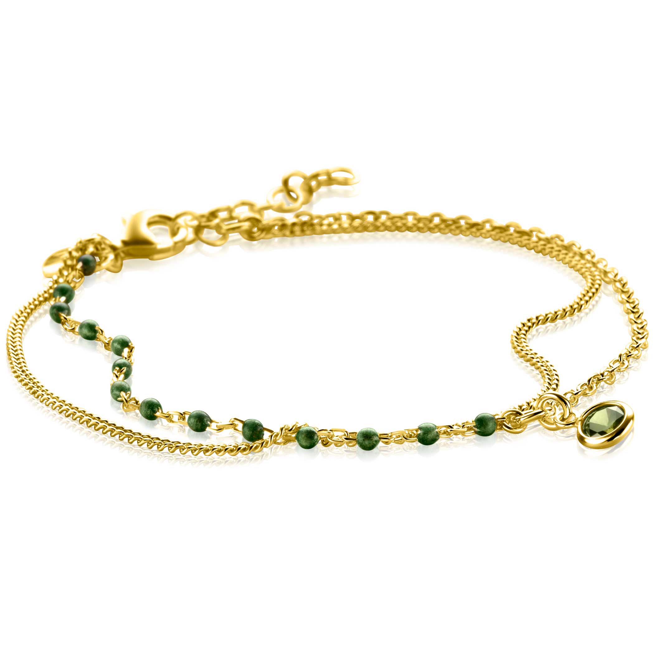 ZINZI gold plated zilveren multilook armband met gourmette en groene bolletjes schakels, ronde zetting met olijfgroene