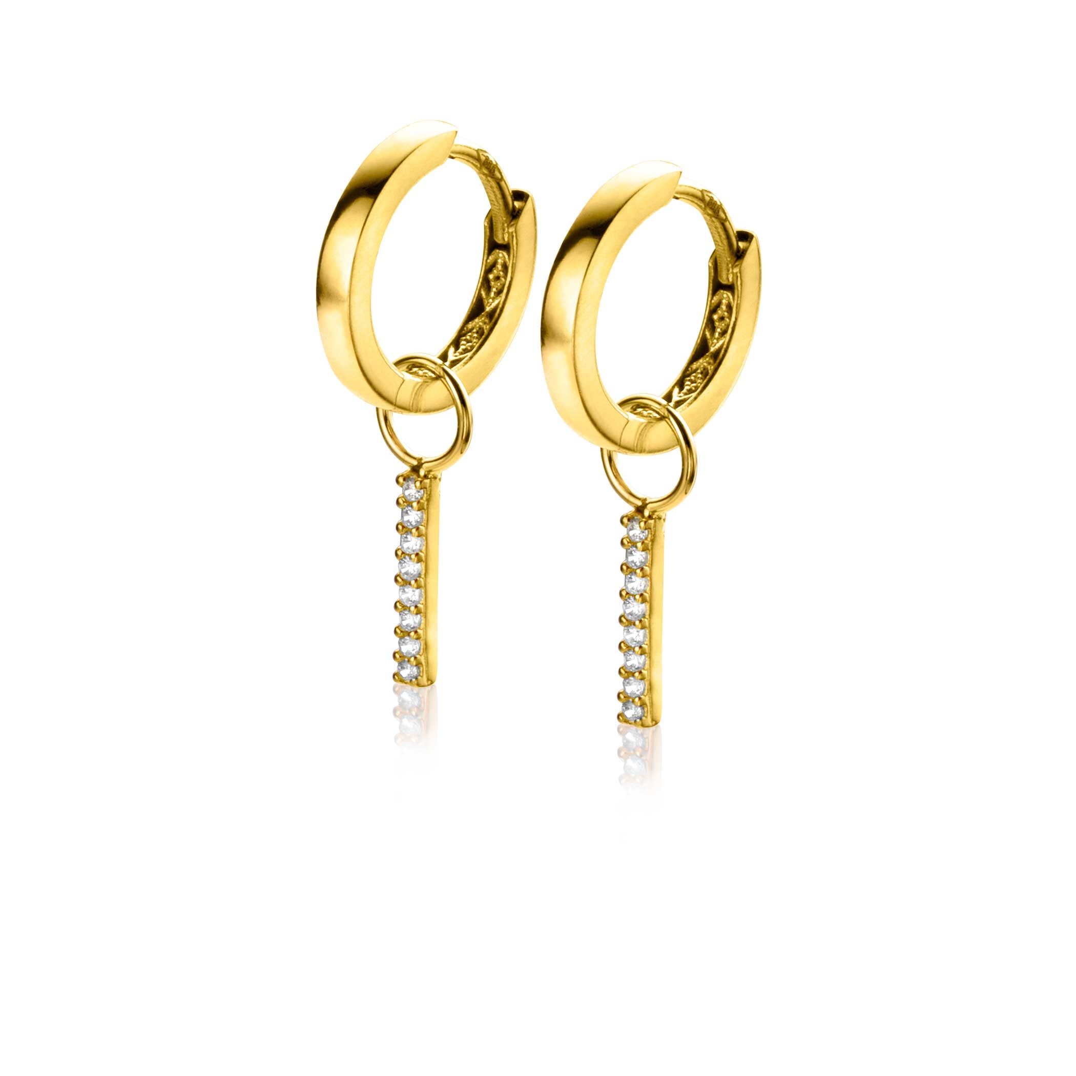ZINZI Gold 14 krt gouden oorbedels staafje bezet met witte zirconia's 10mm ZGCH387 (zonder oorbellen)