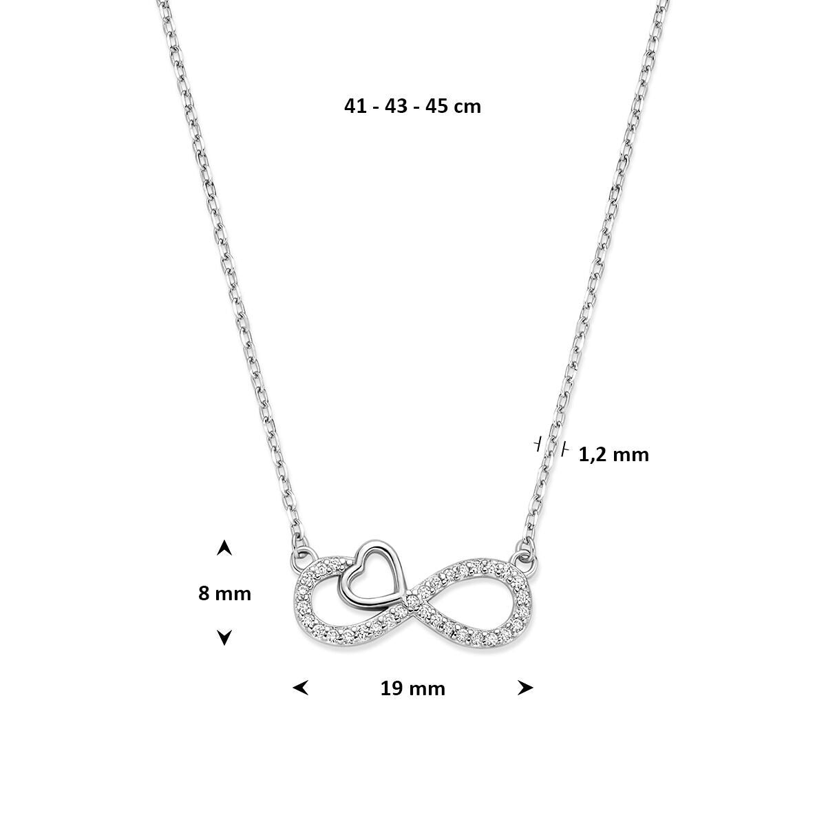 Fantasy Collection Collier zirkonia infinity en hartje 41 - 43 - 45 cm zilver gerhodineerd