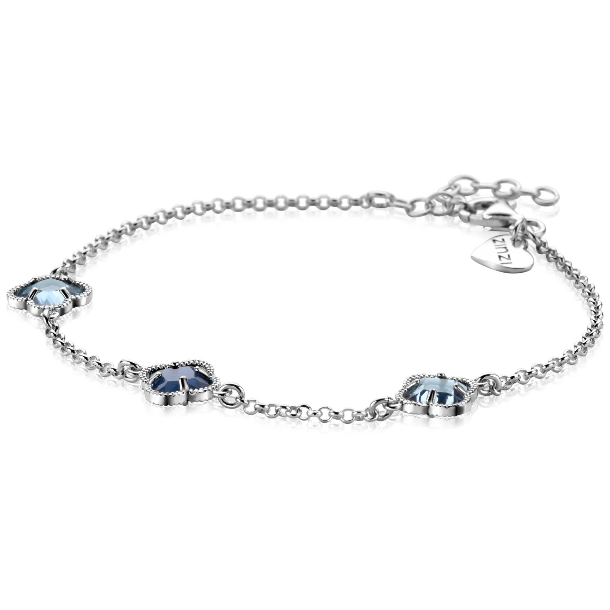 ZINZI zilveren schakel armband met twee lichtblauwe klavers en een donkerblauwe klaver in het midden 17-20cm ZIA2663B - PansiteNederland.nl