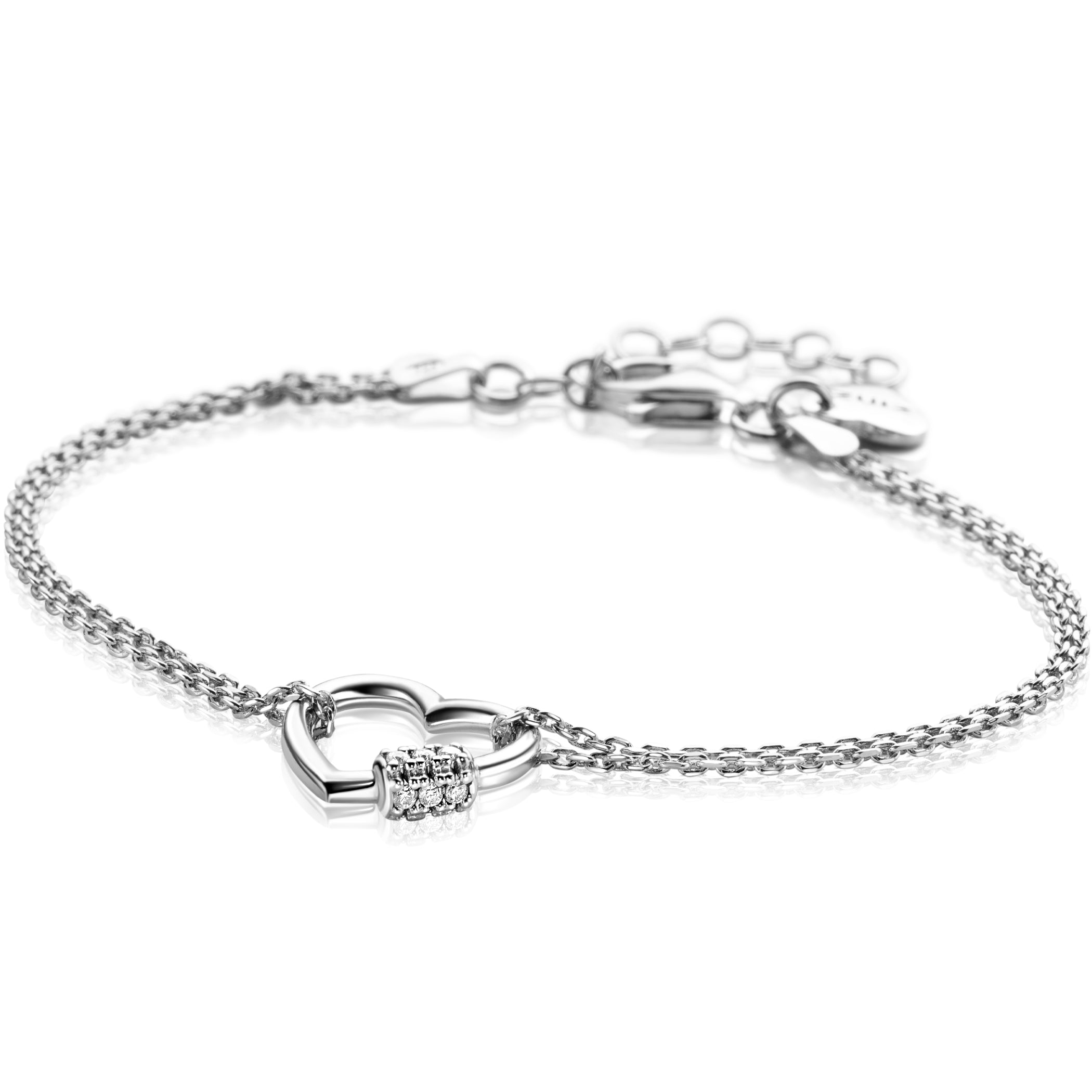 ZINZI zilveren dubbele schakel armband met luxe hart witte zirconia's 17-20cm - ZIA2507