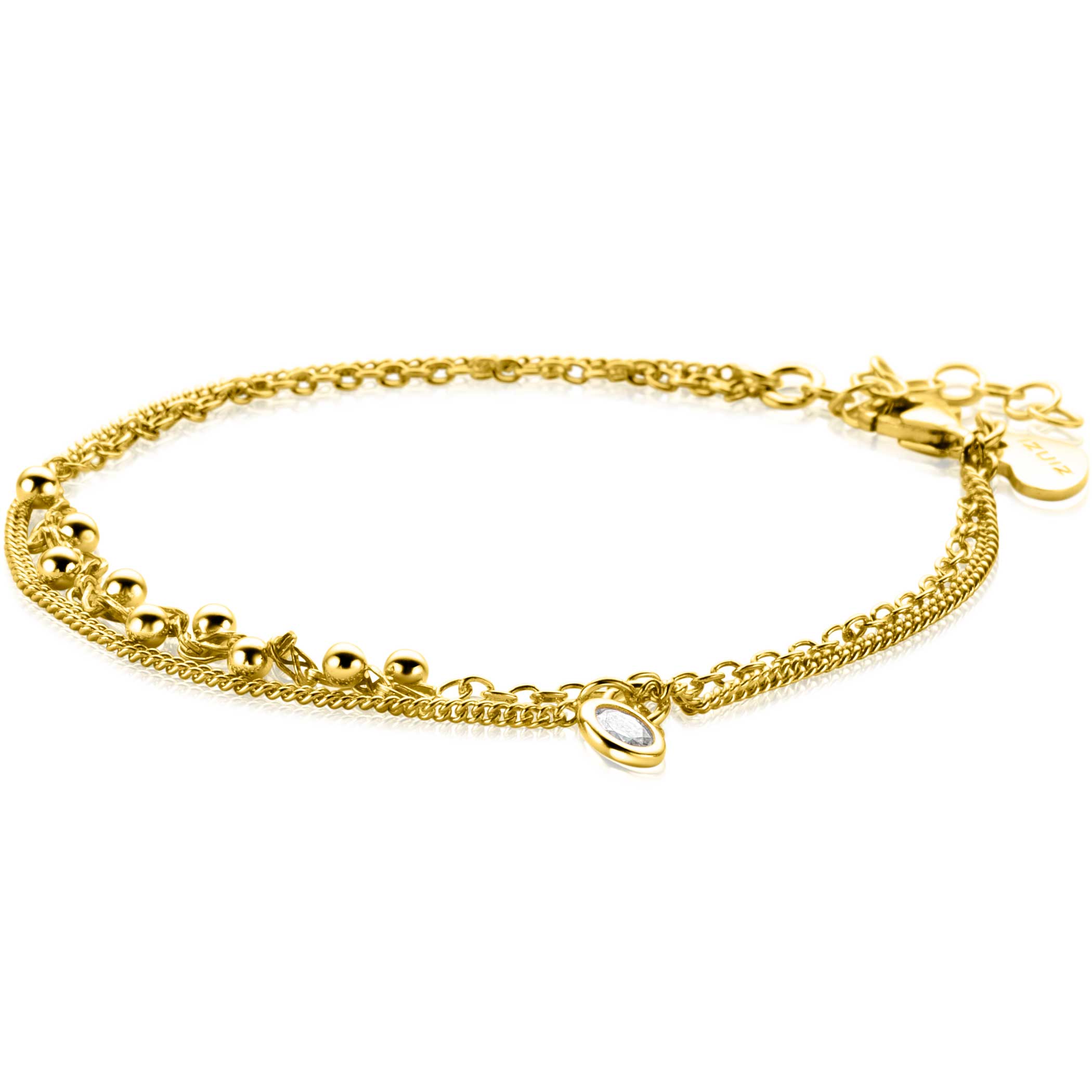 ZINZI gold plated zilveren multilook armband met ronde zetting witte zirconia en bolletjes 16,5-19cm - ZIA2520Y